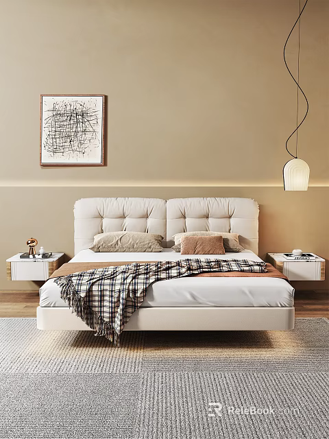 Double Bed With White Upholstered Headboard Plaid Blanket Beige Brown Pillows And White Nightstands 3d model 