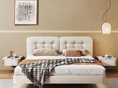 Double Bed With White Upholstered Headboard Plaid Blanket Beige Brown Pillows And White Nightstands 3d model