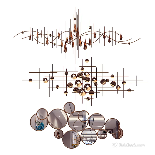Modern Geometric Wall Decor With Metallic Lines And Circular Mirror Elements 3d model