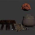 Rustic Cooking Scene With Roasted Chicken Clay Pot Wooden Stool Firewood And Charcoal