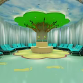 Vibrant Shop Reception Area with Blue Chairs Green Walls and Moon Star Ceiling