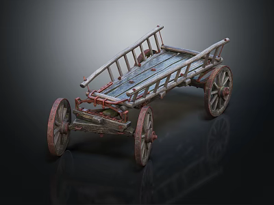 Vintage Old Wooden Cart With Worn Planks And Four Spoked Wheels 3d model