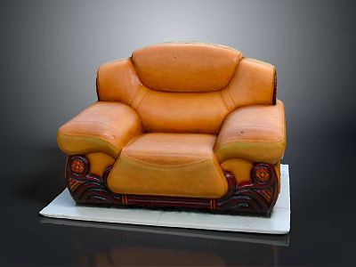 Classic Brown Leather Sofa With Carved Wooden Base And Elegant Armrest Design 3d model
