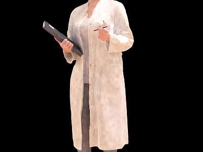 A Woman Wearing White Long Coat Holding Folder And Pen 3d model