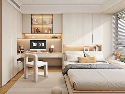 Modern Tatami Bedroom Interior Design With Desk Bookshelf Storage Cabinets And Natural Light 3d model
