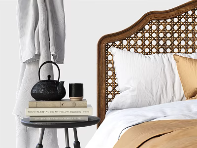 Double Bed With Woven Rattan Headboard White Gold Pillows Side Table Black Teapot Mug Books 3d model