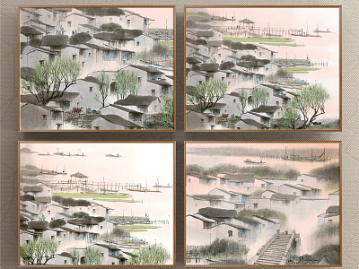 New Chinese Architectural Painting Brown Architectural Freehand Abstract Decorative Painting model