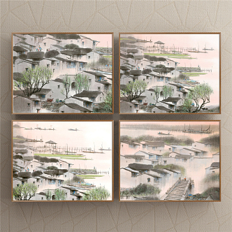 New Chinese Architectural Painting Brown Architectural Freehand Abstract Decorative Painting 3d model