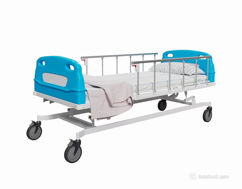 Medical Bed With Blue Headboard Footboard White Mattress Gray Blanket And Wheels 3d model 