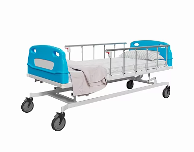 Medical Bed With Blue Headboard Footboard White Mattress Gray Blanket And Wheels 3d model