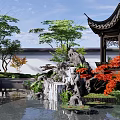 Traditional Chinese Garden Rockery Stones With Pond Waterfall Pavilion And Lush Green Plants