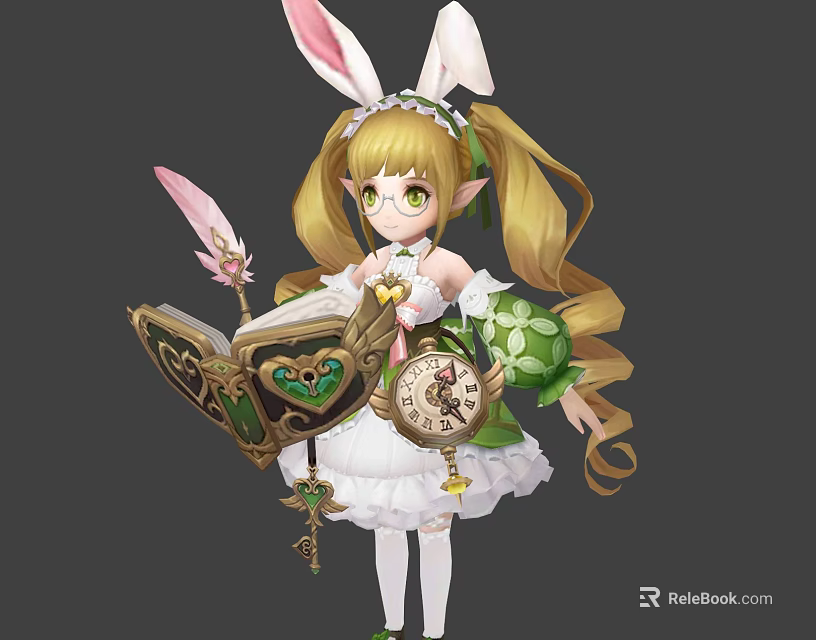 Game Movie Character with Rabbit Ears Blonde Hair Magic Book and Pocket Watch 3d model 