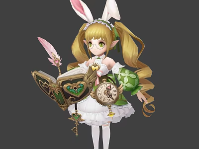 Game Movie Character with Rabbit Ears Blonde Hair Magic Book and Pocket Watch 3d model
