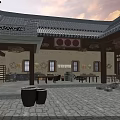 Traditional Chinese Garden Landscape With Tile Roof Stone Walls Stone Tables And Decorative Lanterns