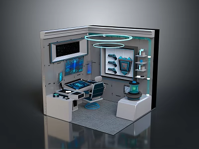 Hi Tech Control Room Interior Design With Multiple Displays Control Console And Illuminated Rings 3d model