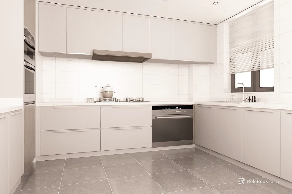 Modern Kitchen Interior With White Cabinets White Countertop Gray Floor Tiles Window Blinds And Appliances 3d model 