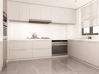 Modern Kitchen Interior With White Cabinets White Countertop Gray Floor Tiles Window Blinds And Appliances 3d model