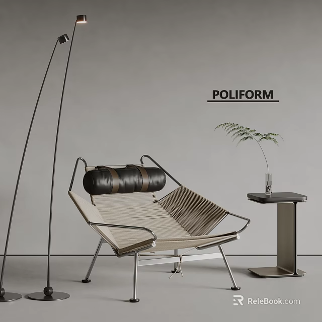 Modern Leisure Chair With Woven Seat Black Leather Cushion Side Table Greenery And Floor Lamp 3d model 