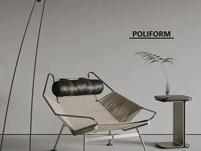 Modern Leisure Chair With Woven Seat Black Leather Cushion Side Table Greenery And Floor Lamp 3d model