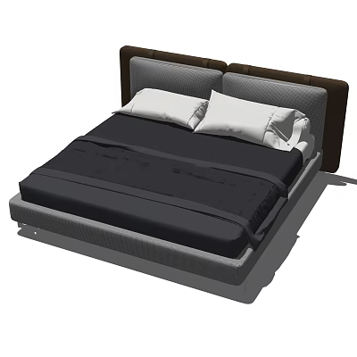 Modern Double Bed With Upholstered Headboard Dark Mattress And White Pillows 3d model