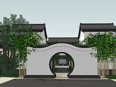 Traditional Chinese Courtyard Architecture With Circular Archway Classic Roof And Bamboo Plants 3d model
