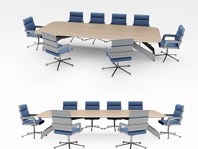 Modern Conference Table With Wooden Top And Blue Swivel Office Chairs 3d model