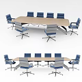 Modern Conference Table With Wooden Top And Blue Swivel Office Chairs