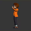 Cartoon Boy In Orange Jacket Blue T Shirt Standing With Arms Outstretched Grey Background Reflection