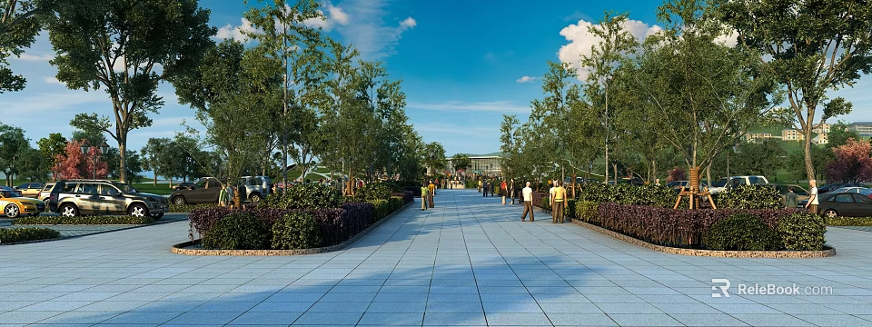 Beautiful Scenic Urban Public Park Promenade Lined With Lush Green Trees Under Bright Blue Sky 3d model 