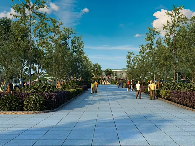 Beautiful Scenic Urban Public Park Promenade Lined With Lush Green Trees Under Bright Blue Sky 3d model