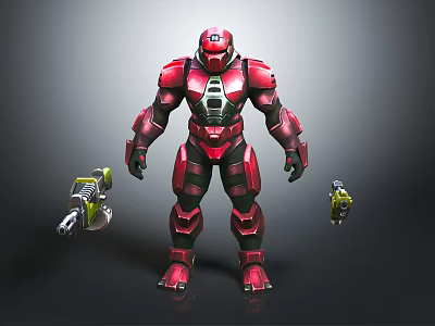 Red Armored Sci Fi Warrior With Futuristic Armor And Dual Yellow Silver Weapons 3d model