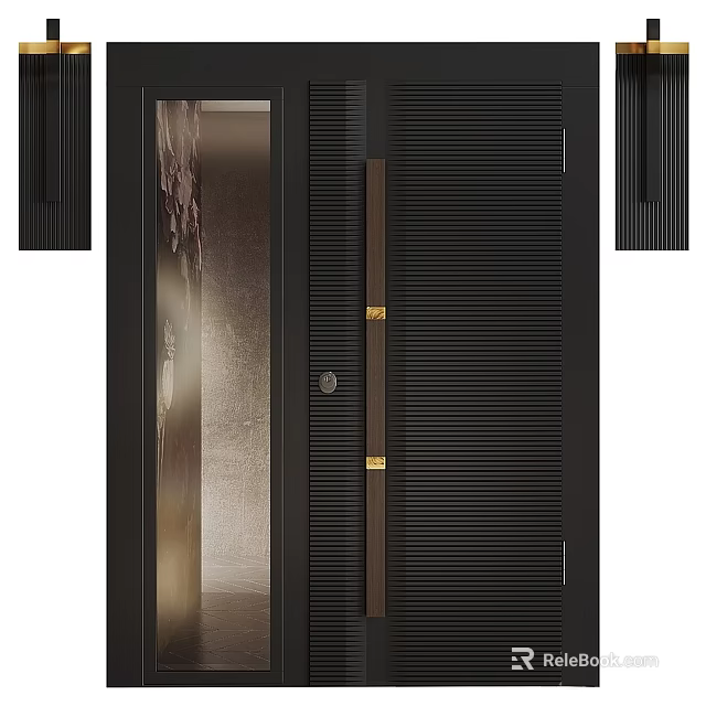 Modern Black Double Doors With Vertical Stripes Glass Panel And Metal Accents 3d model 