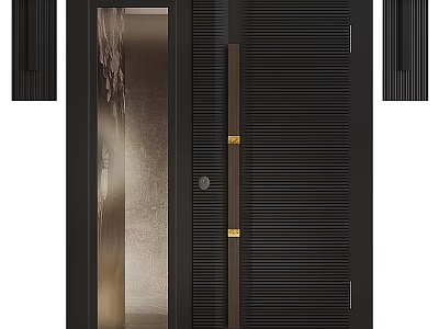 Modern Black Double Doors With Vertical Stripes Glass Panel And Metal Accents 3d model