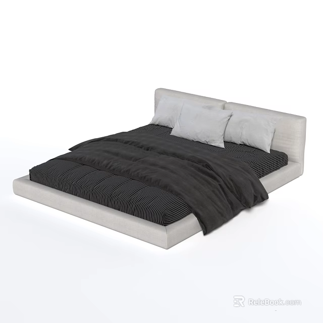 Modern Double Bed with Light Headboard Black Striped Quilt and Light Pillows 3d model 
