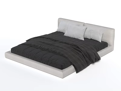 Modern Double Bed with Light Headboard Black Striped Quilt and Light Pillows 3d model