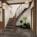 Traditional Chinese Tea House Interior With Wooden Beams Red Lanterns Tea Sets And Staircase