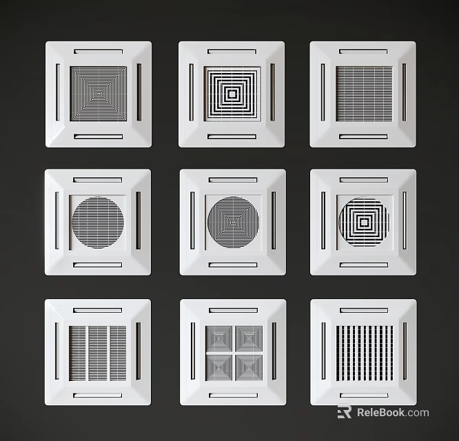 White Square Air Conditioner Vents With Various Grille Patterns And Different Designs 3d model