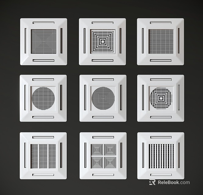 White Square Air Conditioner Vents With Various Grille Patterns And Different Designs 3d model 