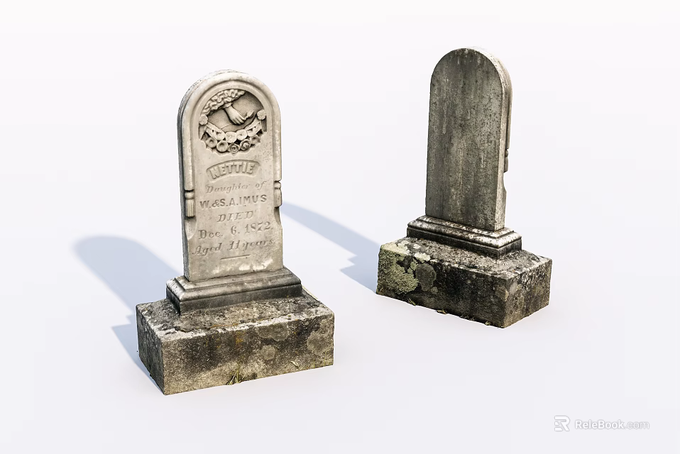 Two Stone and Wood Tombstones With Carvings Inscriptions and Solid Bases 3d model 