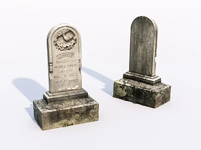 Two Stone and Wood Tombstones With Carvings Inscriptions and Solid Bases 3d model