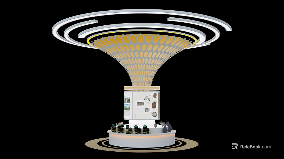 Modern Exhibition Island With Circular Lighting Honeycomb Pattern And Display Platform 3d model