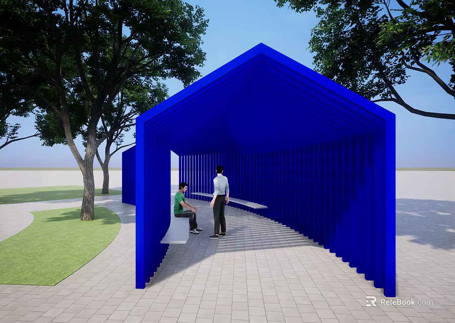 Blue Pavilion Structure With Trees And Grass In Park Where Two People Are Sitting 3d model 