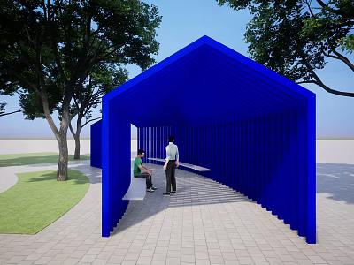 Blue Pavilion Structure With Trees And Grass In Park Where Two People Are Sitting 3d model