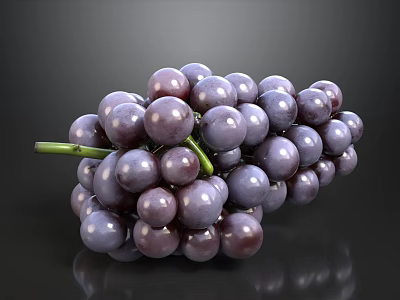 Fresh Plump Purple Grapes Bunch With Green Stem On Black Background 3d model