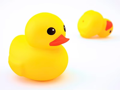 Two Yellow Rubber Duck Toys with Black Eyes and Orange Beaks on White Background 3d model