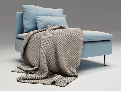 Modern Light Blue Single Sofa With Soft Cushions Plaid Blanket And Metal Legs 3d model