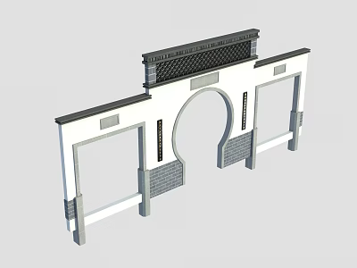 Chinese Style Scenic Wall Featuring Circular Arch And Rectangular Frames Design 3d model