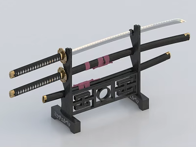 Traditional Japanese Katana Weapons On Intricate Wooden Stand With Decorative Bindings 3d model