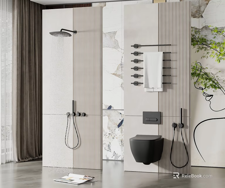 Modern Shower Head In Contemporary Bathroom With Wall Mounted Black Fixtures And Tiled Wall 3d model 