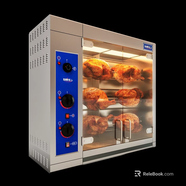 Stainless Steel Commercial Rotisserie Oven With Glass Door And Roasting Chickens 3d model 